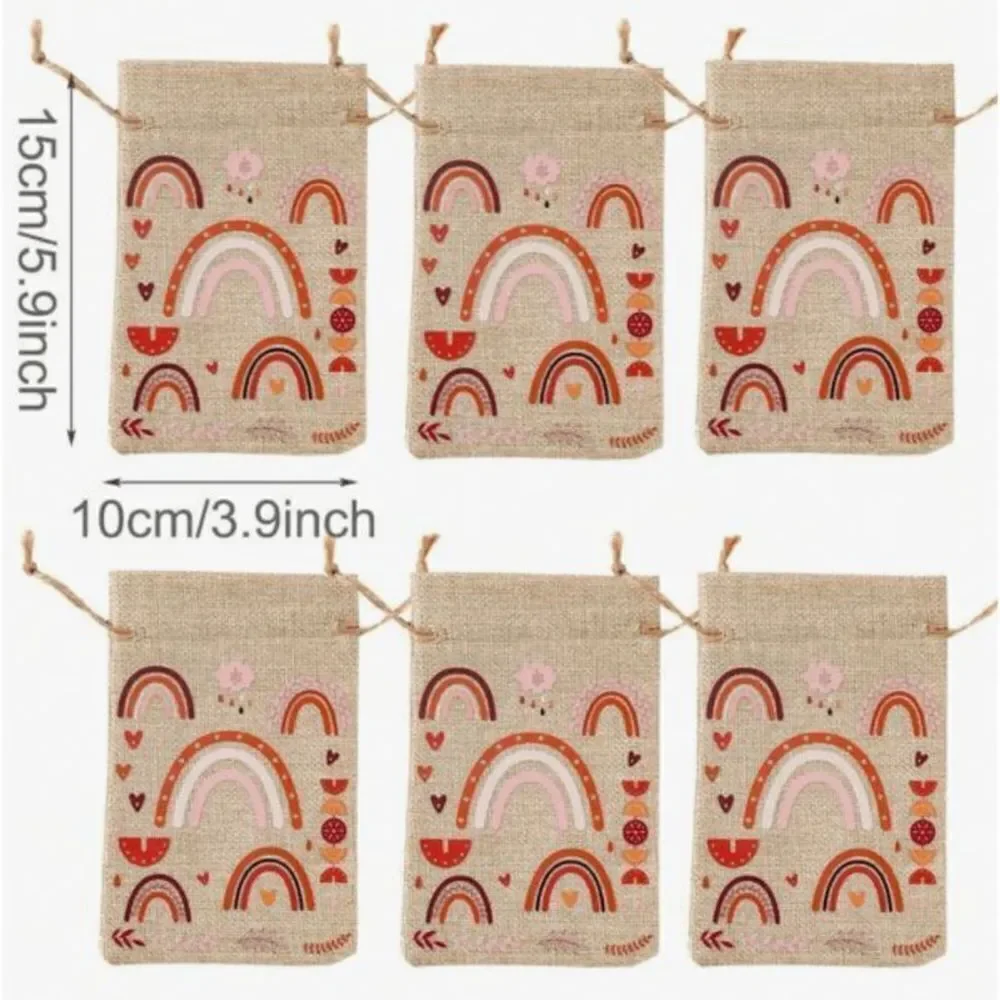6pcs Bohemian Style Gift Bag, Rainbow Linen Treat Bag, Valentines Treat Bags